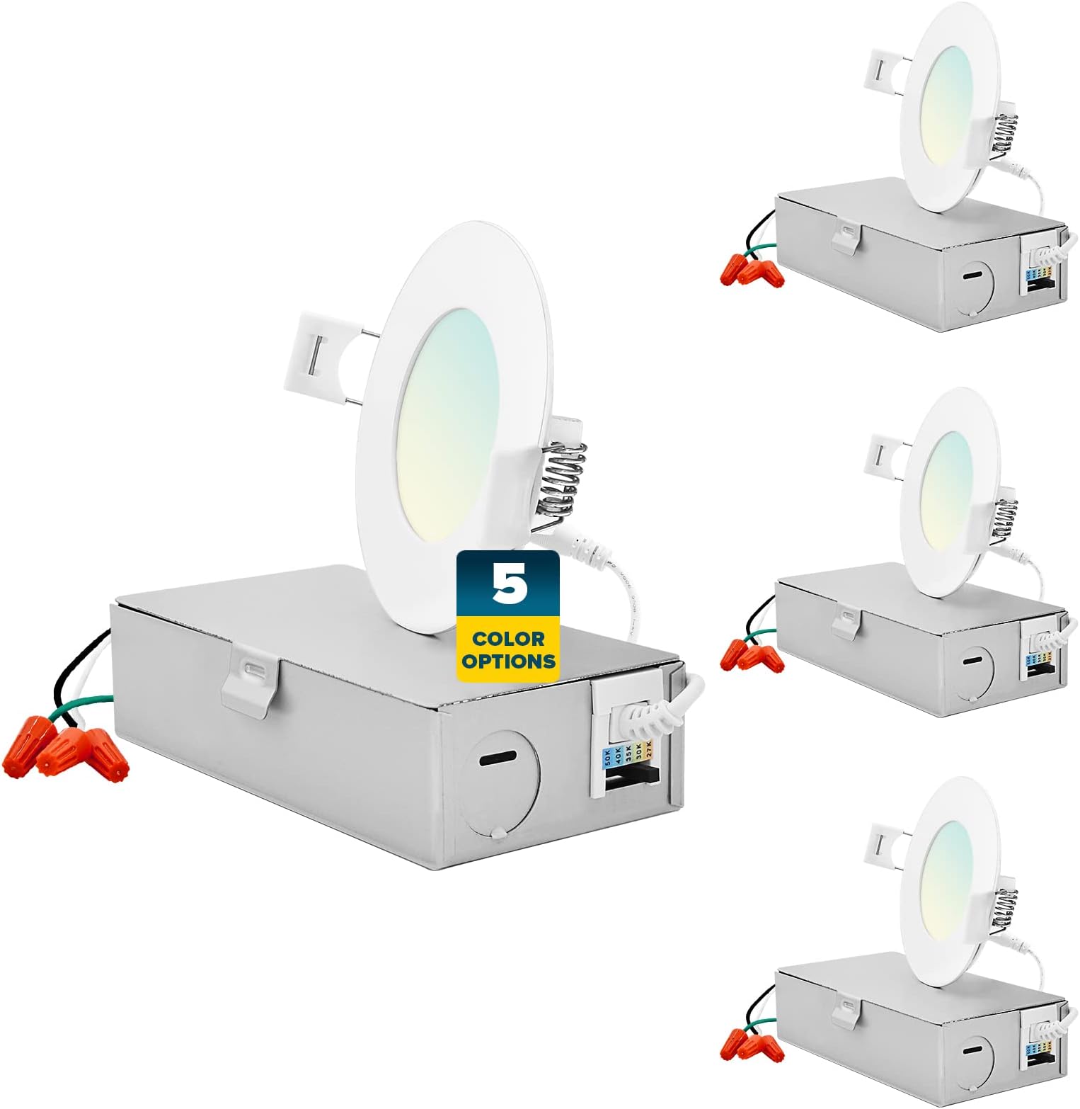 SUNPERIAN 3 Inch Ultra-Thin LED Recessed Lighting with Junction Box, 5 Color Options 2700K/3000K/3500K/4000K/5000K, 8W, 540 Lumens, Dimmable Wafer Lights, Wet Rated, IC Rated, ETL Listed (4 Pack)