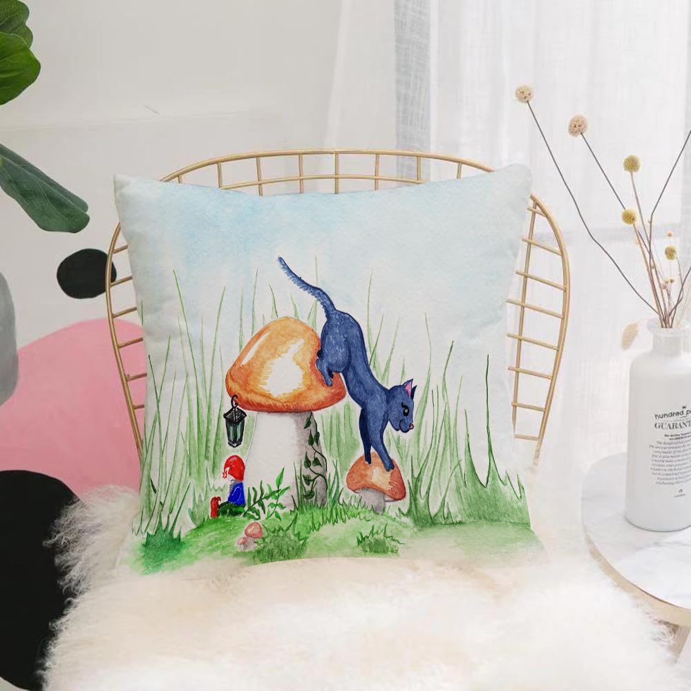 HYOSXW Cushion Cover,Throw Pillow Case Home Decorative for Living Room Bedroom Sofa Chair 16X16 Inch,Animal, little cartoon black cat in a mushroom garden with f,Pillowcase 40X40cm