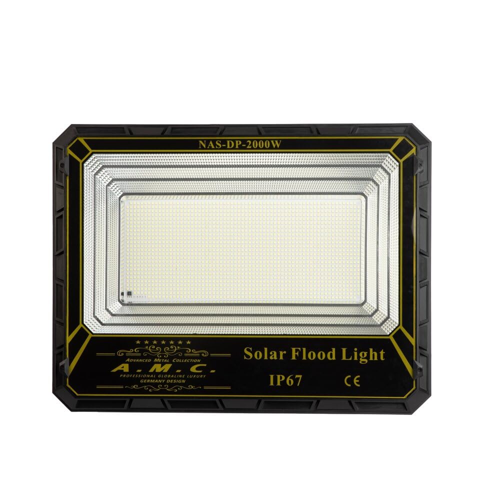 A.M.C. Faro Solare Led Esterno, Faro Solare 2000 Watt con Telecomando e Staffa, Sensore di Movimento e Crepuscolare, Luce Bianco Fredda, Impermeabile IP 67.