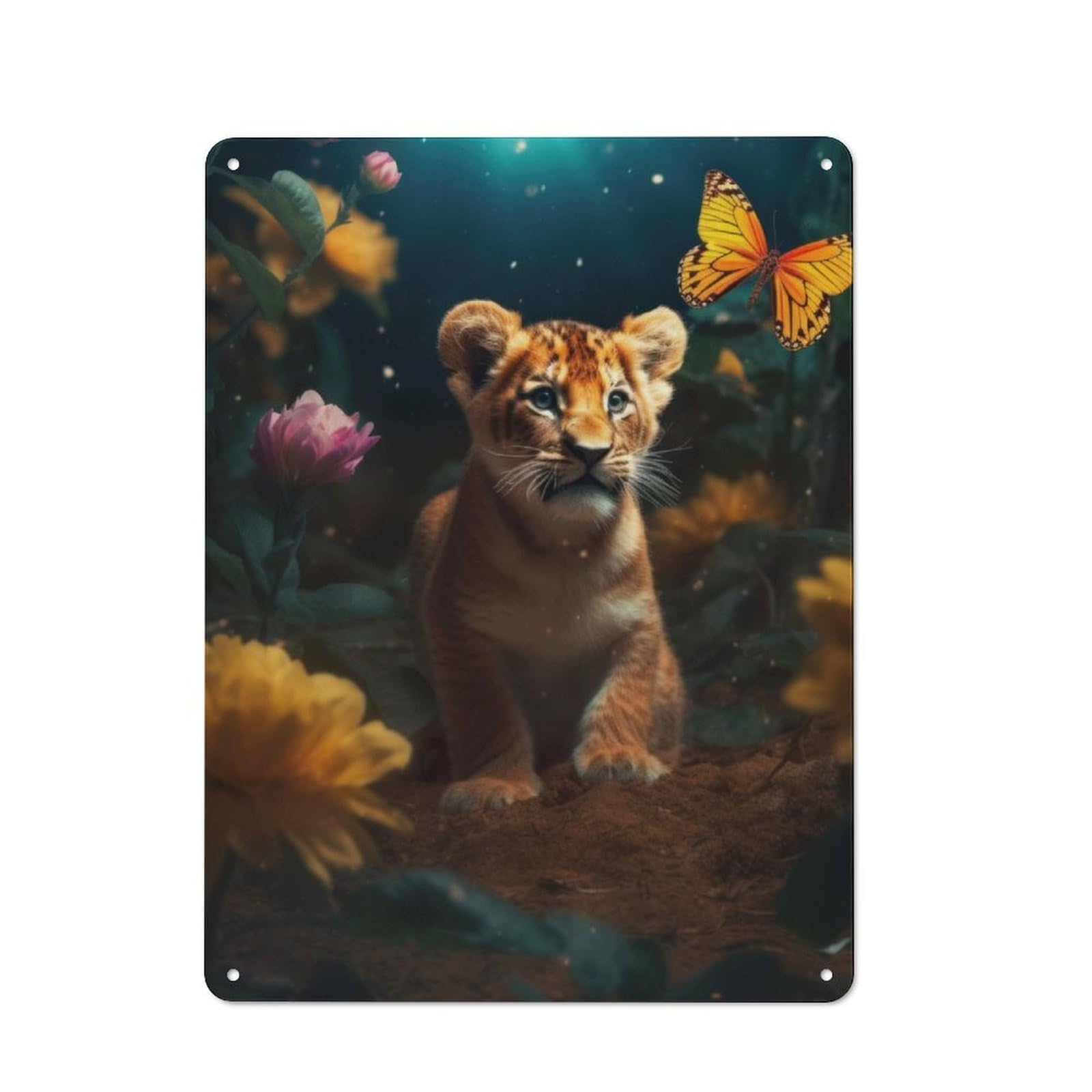 Junmoney Magical Lion Cub Butterfly Tin Wall Plaque 40X30cm With For Garage Or Workshop, For An Autumn Wall Display In Garage And Workshop