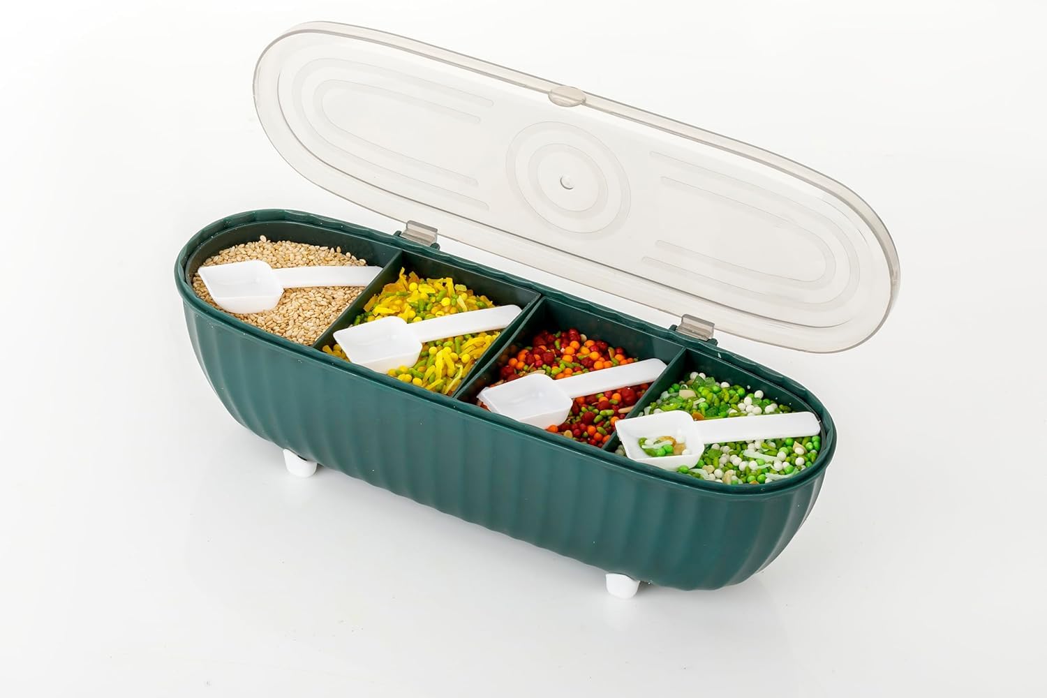 RUSHIL WERE 4 Compartment Stylish Multipurpose Dry Fruit Box | Masala Box | Candy Box | Achar Box | Traditional Box | 4 in 1 Box | Durable | Easy to Carry | Plastic | Set of 1 (B0CYM58WHS) Amazon Price History, Amazon Price Tracker