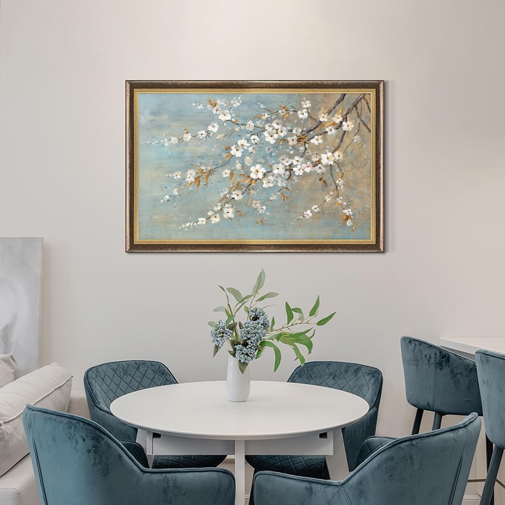 Floral Canvas Wall Art Framed: Rustic Flower Painting Gold Foil White Plum Tree Blossom Picture Vintage Hand-Painted Artwork for Living Room Bedroom Home Office