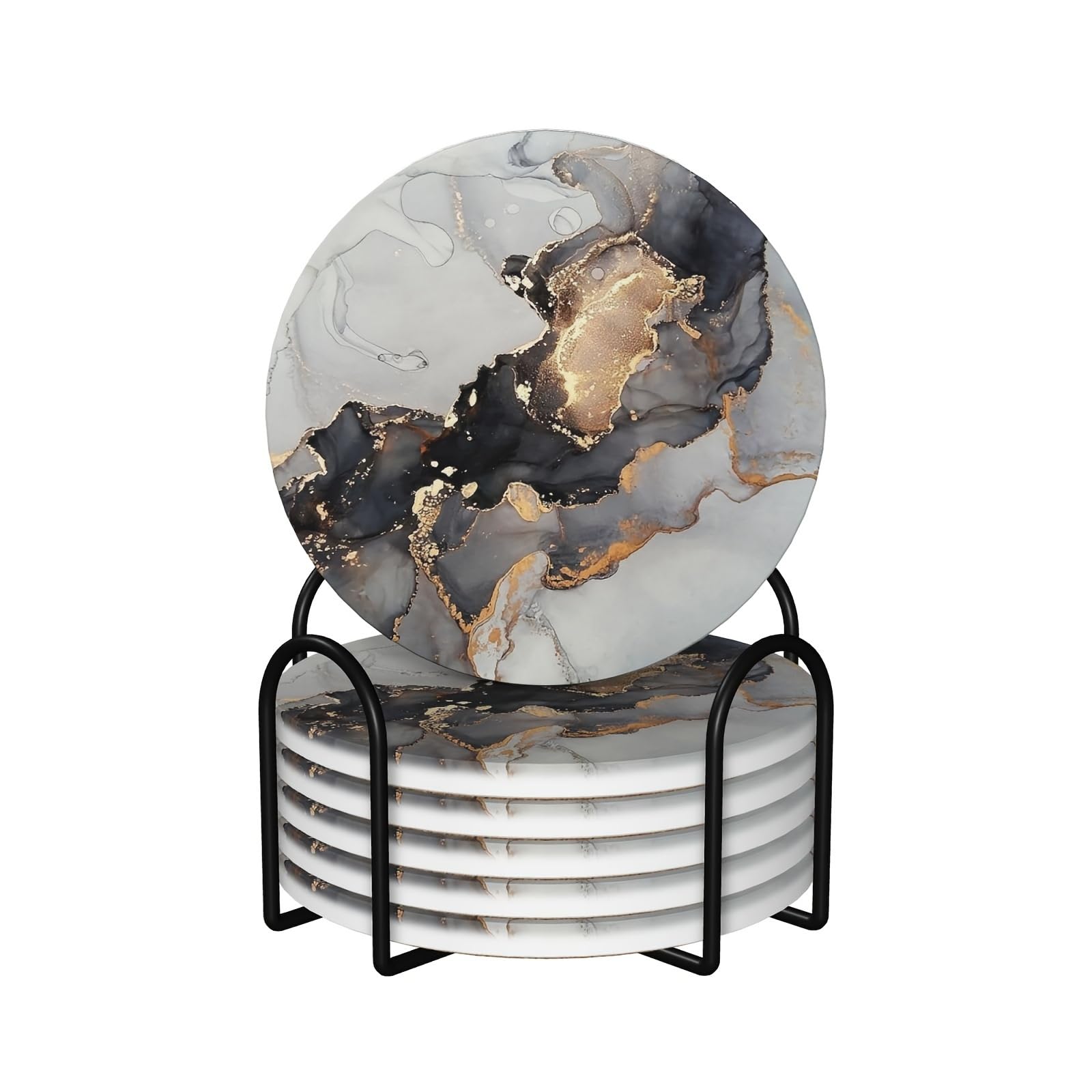 Vibiliyou White ash Marble Gold Powder Ceramic Drink Coaster,Sets of 6 Coasters for Drinks Absorbent,Ceramic Drink Coaster for Coffee Table Decor,Suitable for Kinds of Cups Great Home and Room Decor