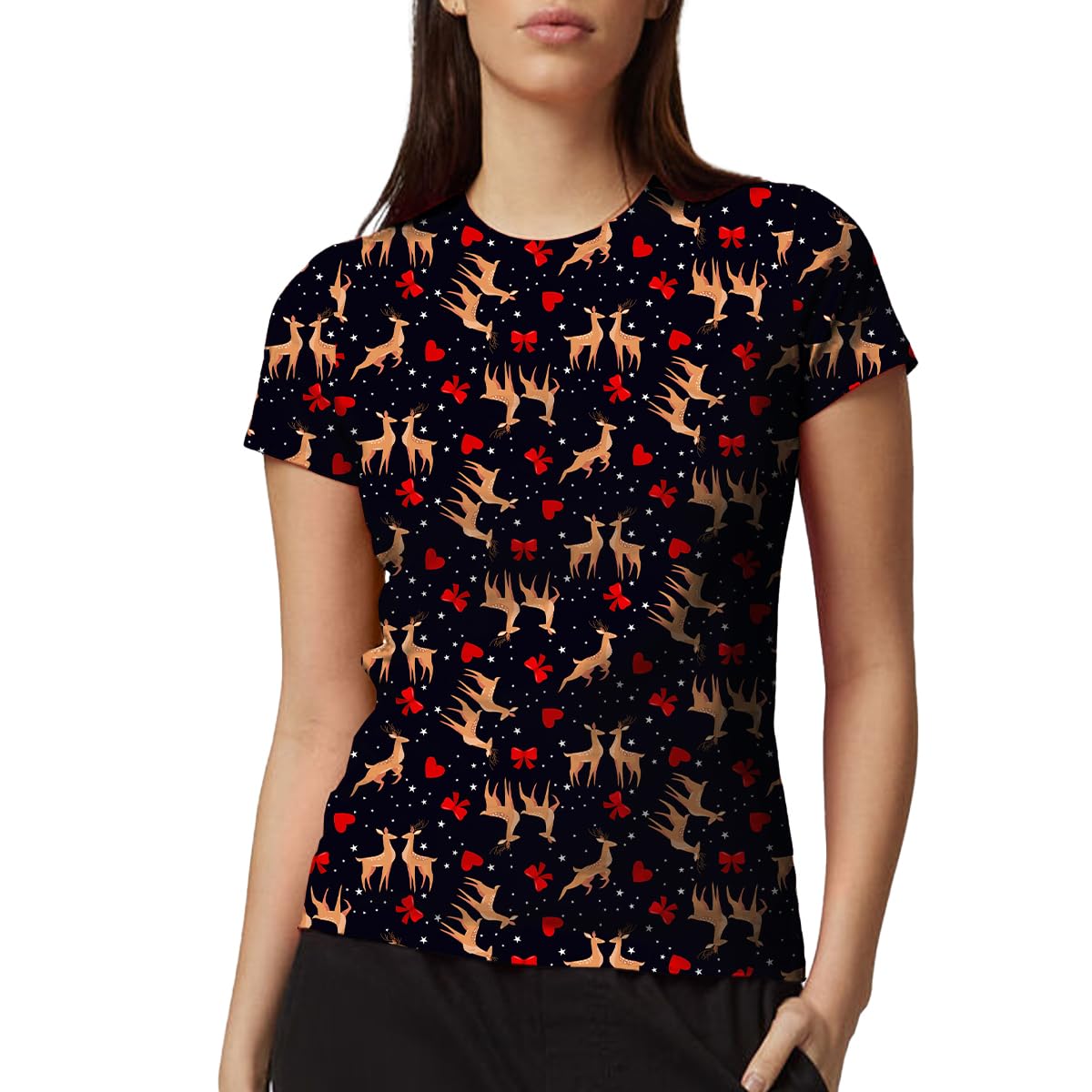 Netsetuk Women's Black Reindeer Love Print Christmas Santa Claus Snowflakes Gingerbread Printed Xmas T-Shirt Short Sleeve Casual Tops For