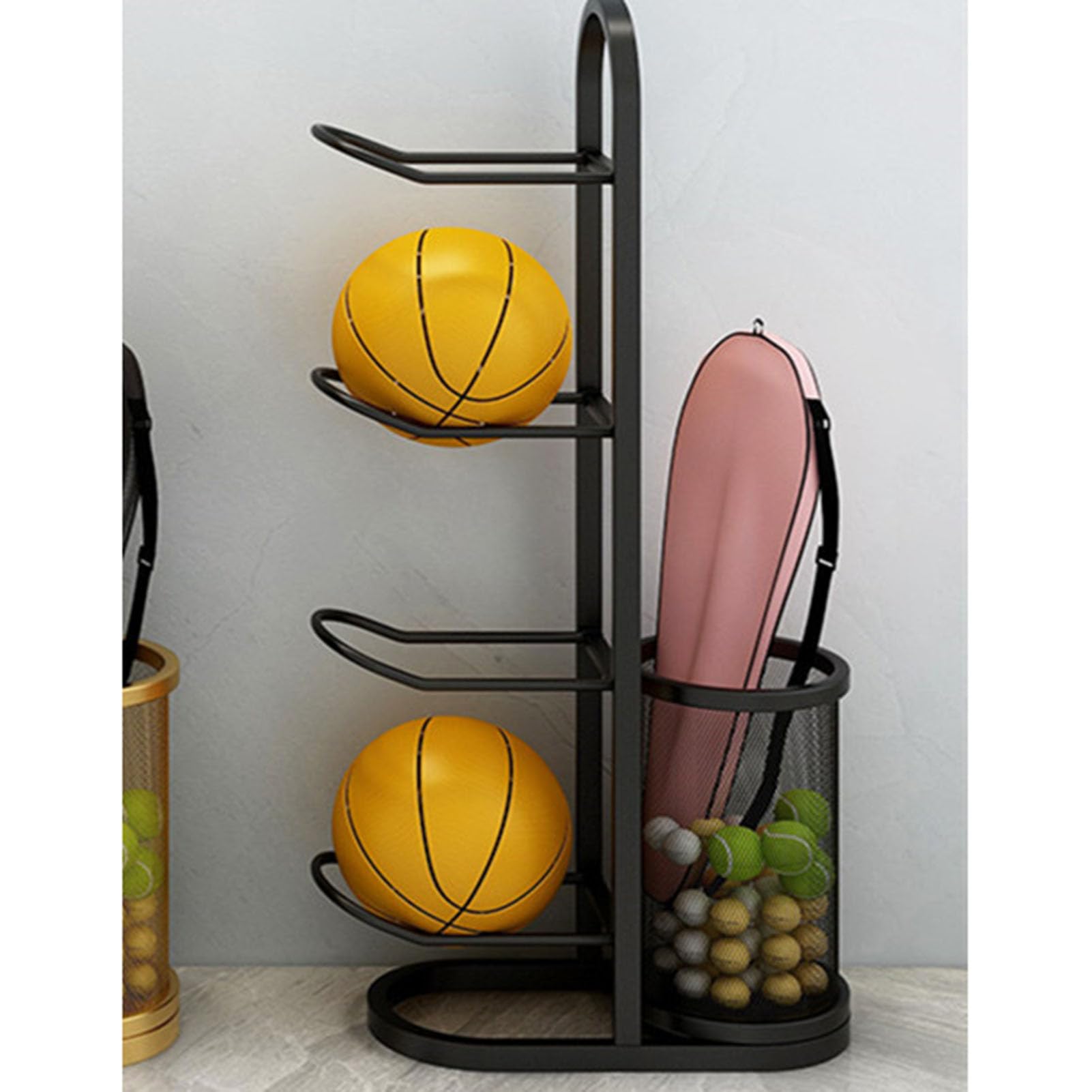 Soporte y almacenamiento de baloncesto, vertical y horizontal, capacidad de 115 cm, organizador de pelotas duradero para garaje, sala de herramientas