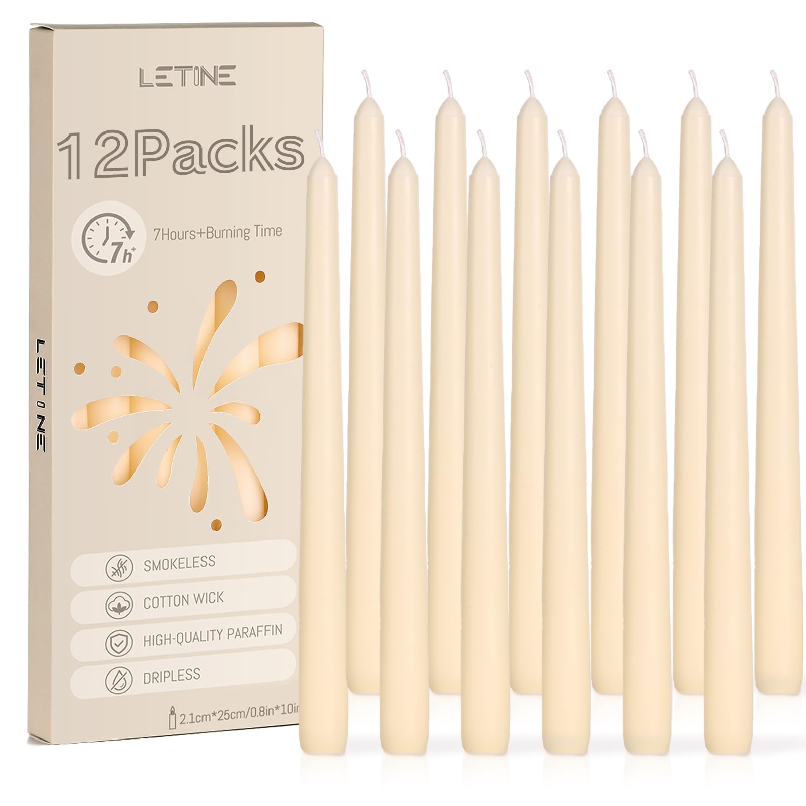 12 Pack Tapered Dinner Candles, 7-8 Hour Candlestick Long Burning (25cm)