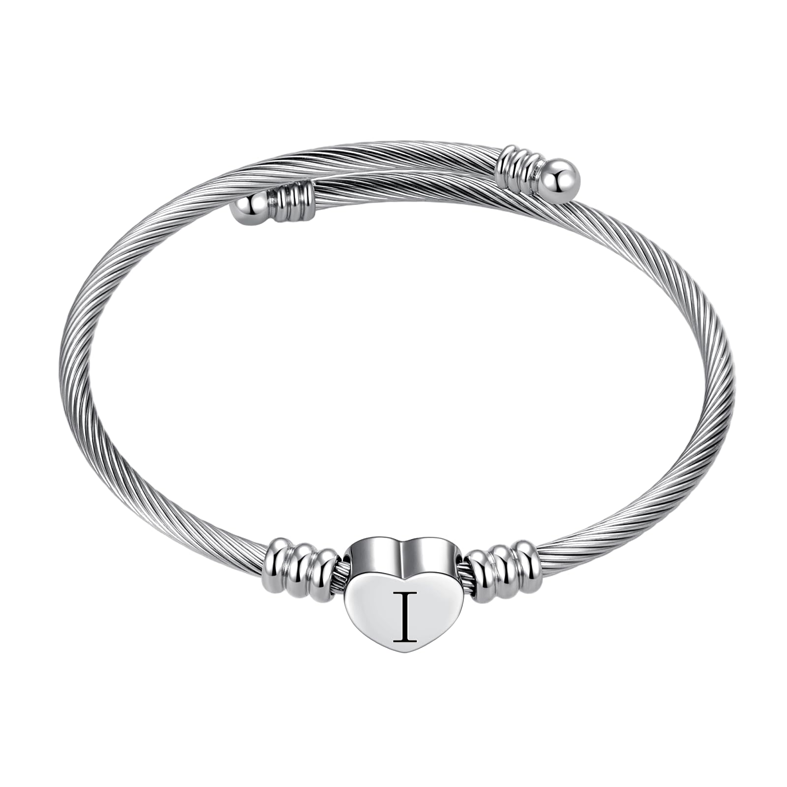 Silver Initial Letter Cuff Bracelet for Women Expandable Stainless Steel Heart Bangle Bracelets for Women Personalized Jewelry