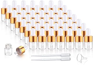 50 Pack,1ml Clear Glass Dropper Vial for Essential Oils,Empty Glass Eye Dropper Bottle With Golden Aluminum Lid,Pure Glass Pipette Travel Sample Test Perfume Liquid Container-Pipette&Funnel Included