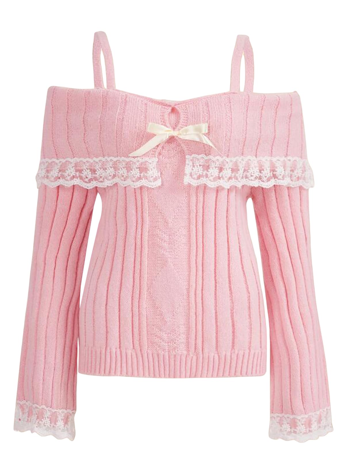 Women Off Shoulder Top Y2K Lace Trim Long Sleeve Knit Pullover Sweaters Fairy Cute Going Out Streetwear