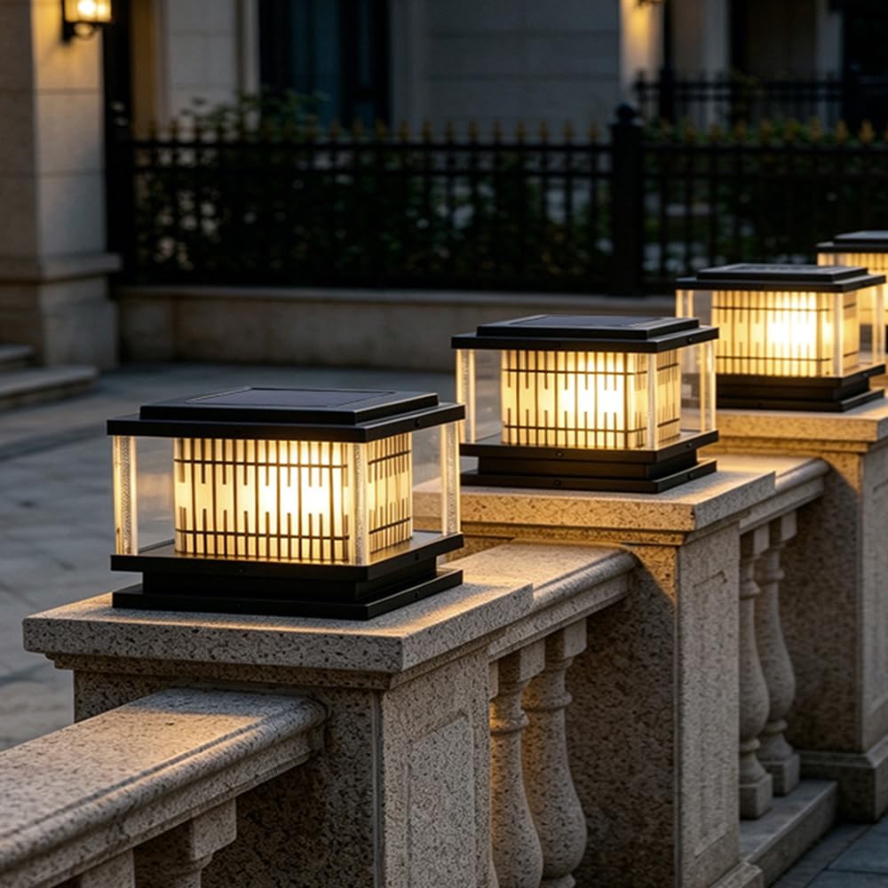 Solarna lampa ogrodowa z kolumną, czarna, kwadratowa, zewnętrzna
