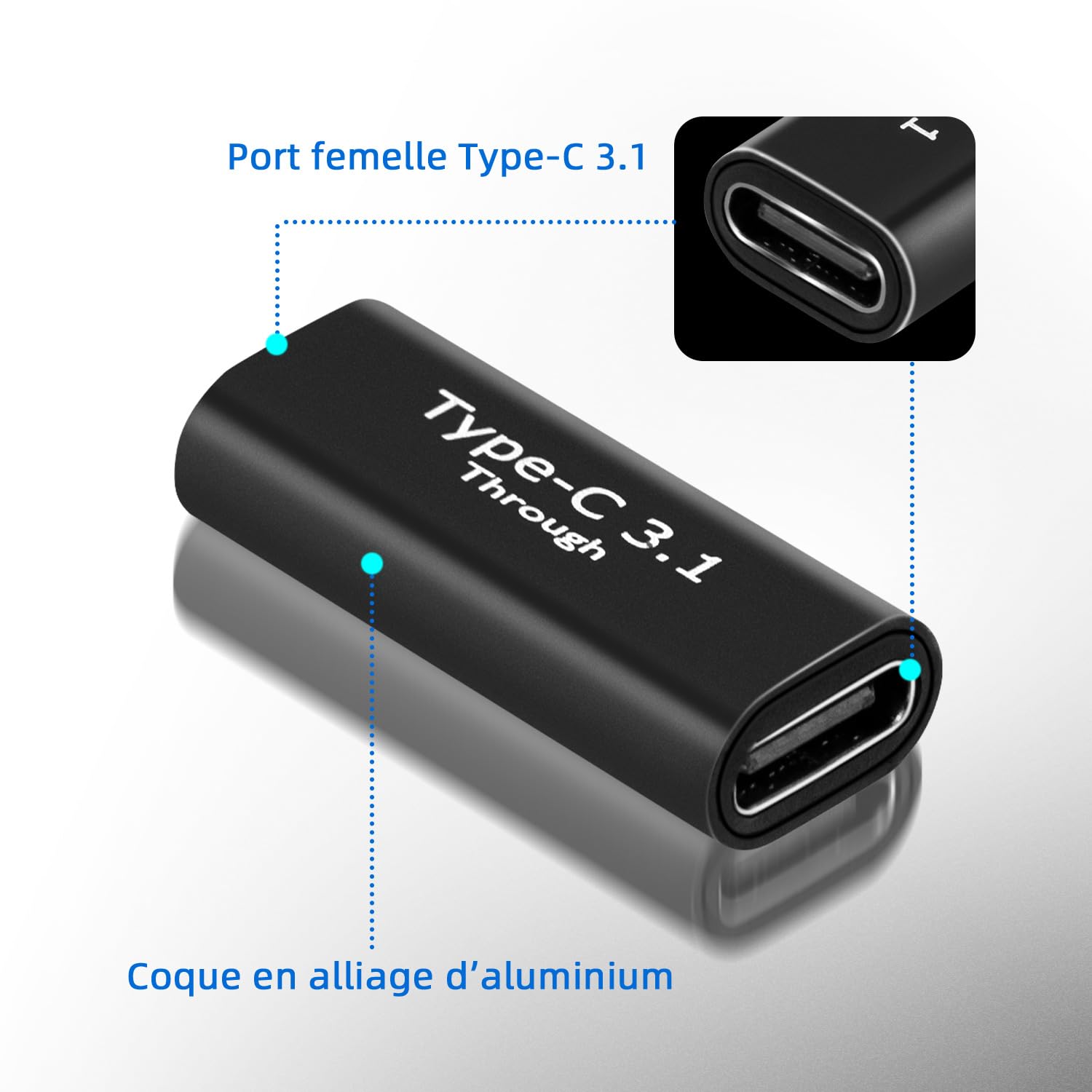 Adaptateur USB C femelle vers femelle 2Pcs USB 3.1 10Gbps 4K Charge Rapide Transfert Données