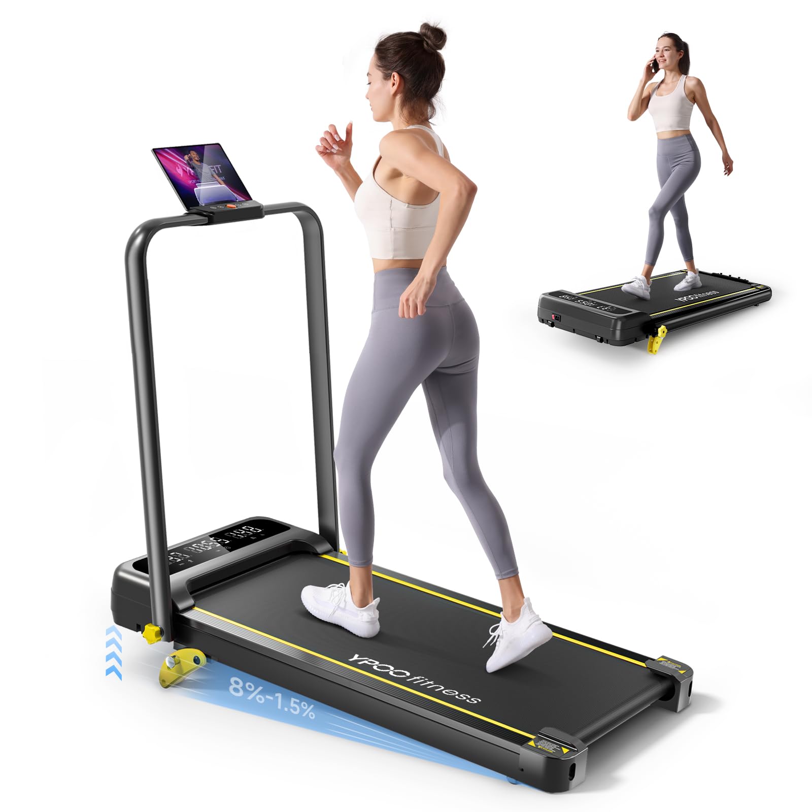 YPOO Walking Pad Treadmill, Incline Walking Pad with Handle, Foldable Treadmills for Home & Office, Compact Under Desk Running Machine for Workout Exercise Quiet - Black Yellow
