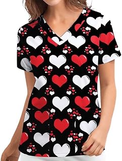 Scrub_Tops for Womens T Shirt Valentine's Day Printed V-Neck Working Uniform Workwear Pocket Top