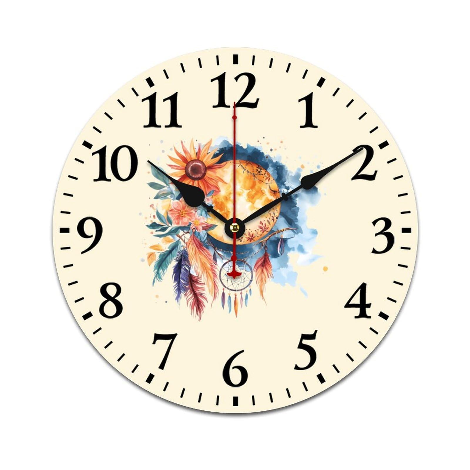 Traumfänger, Mond und Sonne, Holz-Wanduhr, nicht tickend, batteriebetrieben, für Büro, Wohnzimmer, Schlafzimmer, Küche