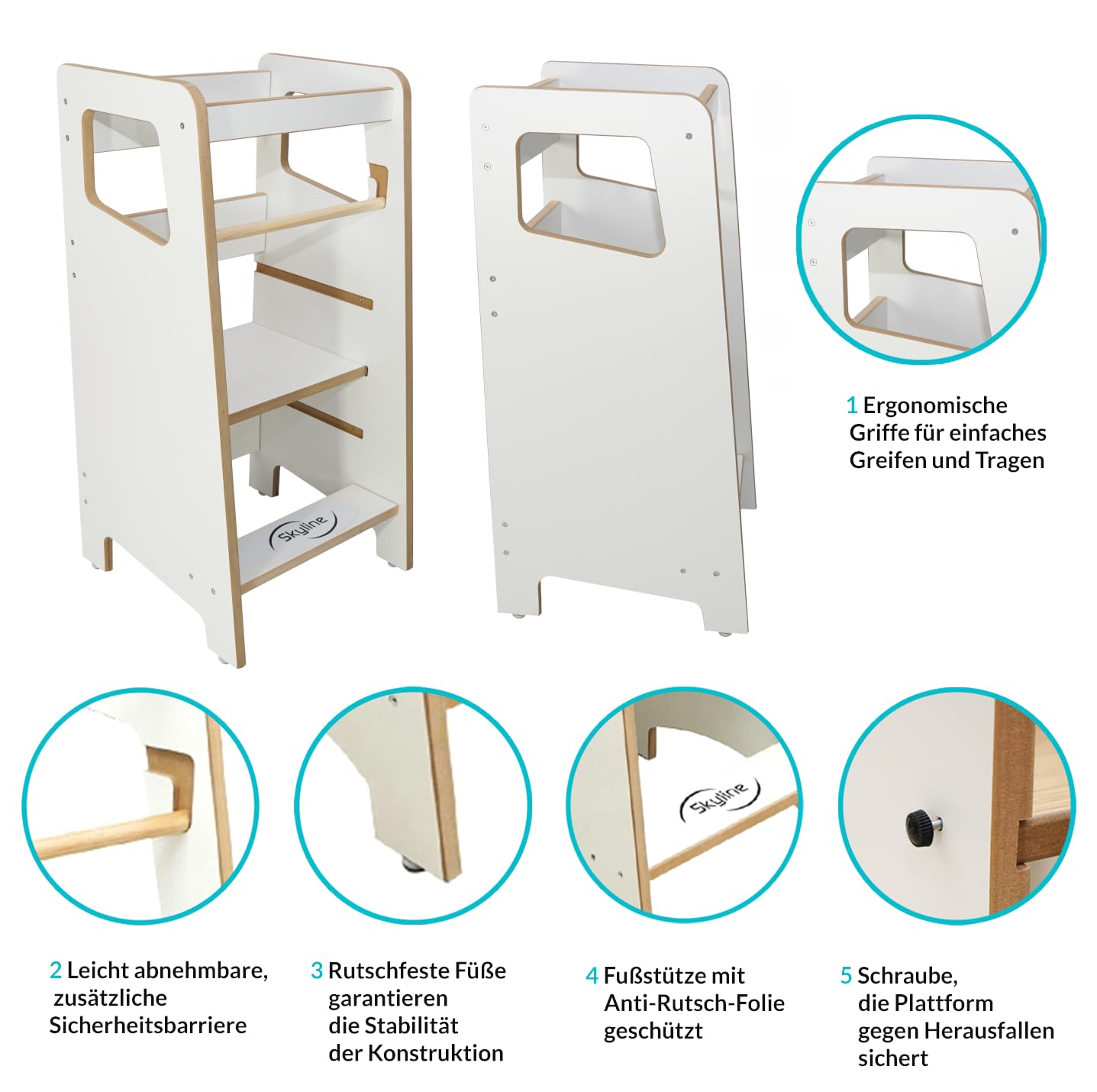 Skyline Baby Montessori - Pedana per bambini, con altezza regolabile e guida di sicurezza, per bambini, per la cucina, colore: bianco