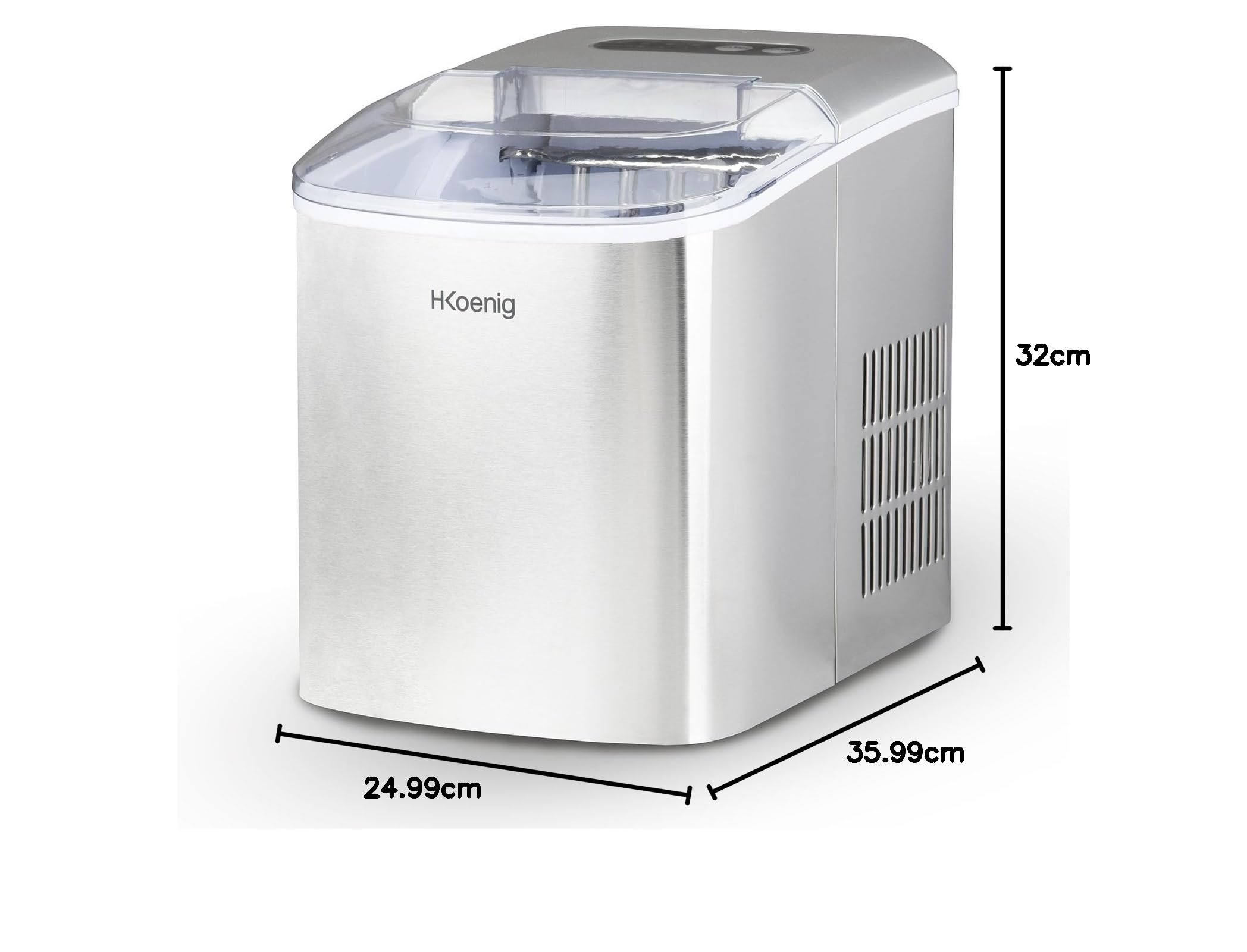 H.Koenig KB14 Eiswürfelmaschine, 12kg in 24 Stunden, Eiswürfel in 6min, 2 Eiswürfelgrößen, 120 W Silber leise, Eiswürfelbereiter Edelstahl, 2.1 L, Eiswürfelschaufel