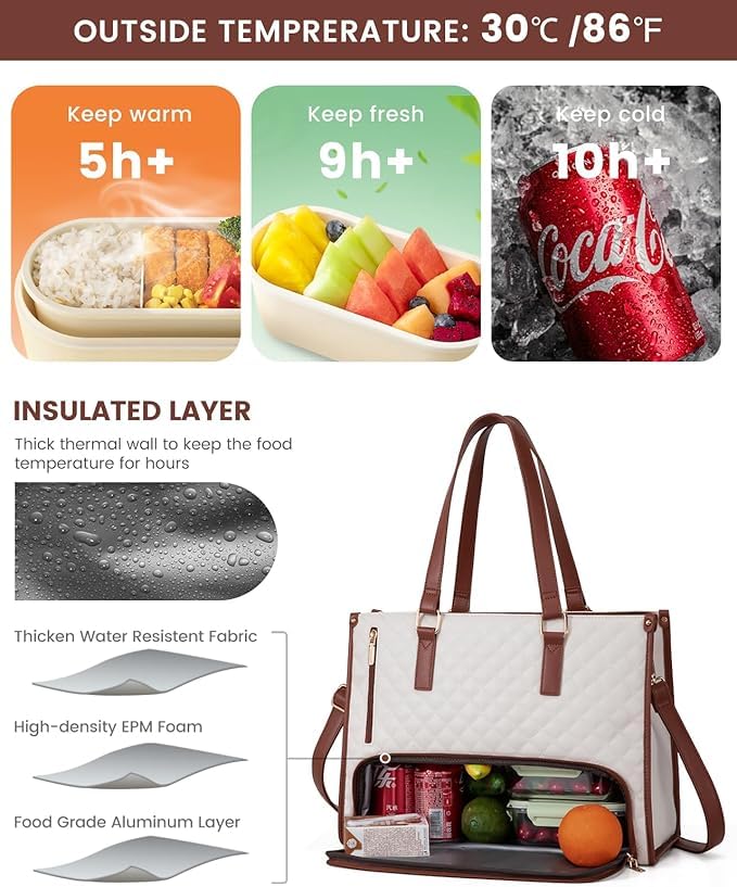 Image of Lunch Tote Bag for Women,15.6 Inch Laptop Bag with Insulated Lunch Compartment, Quilted Large Capacity Computer Handbag with Purse for Business, Work, Nurse,Collage,Office