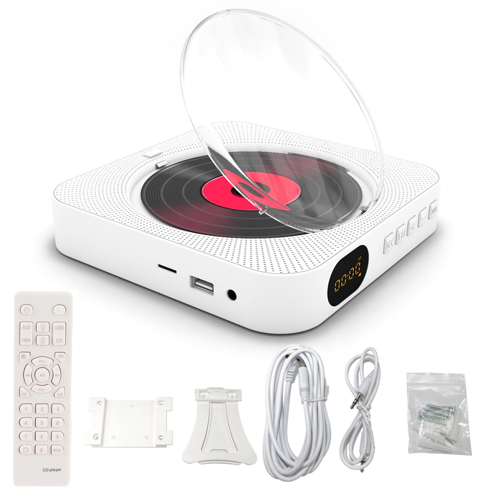 Walmeck Przenośny Odtwarzacz CD Głośnik Muzyka Stereo Ekran LED Odtwarzacz CD do Montażu na ścianie Pilot/BT/FM/TF Card/AUX Biały (Wtyczka UE)