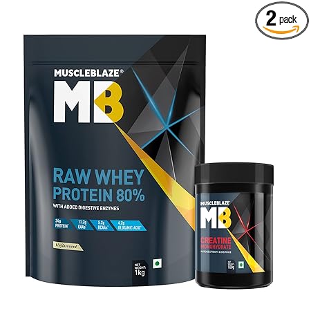 MuscleBlaze Raw Whey 80% with Digestive Enzymes, Unflavoured, 1 kg / 2.2 lb with Creatine Monohydrate, Unflavoured, 100 g / 0.22 lb (Combo Pack)