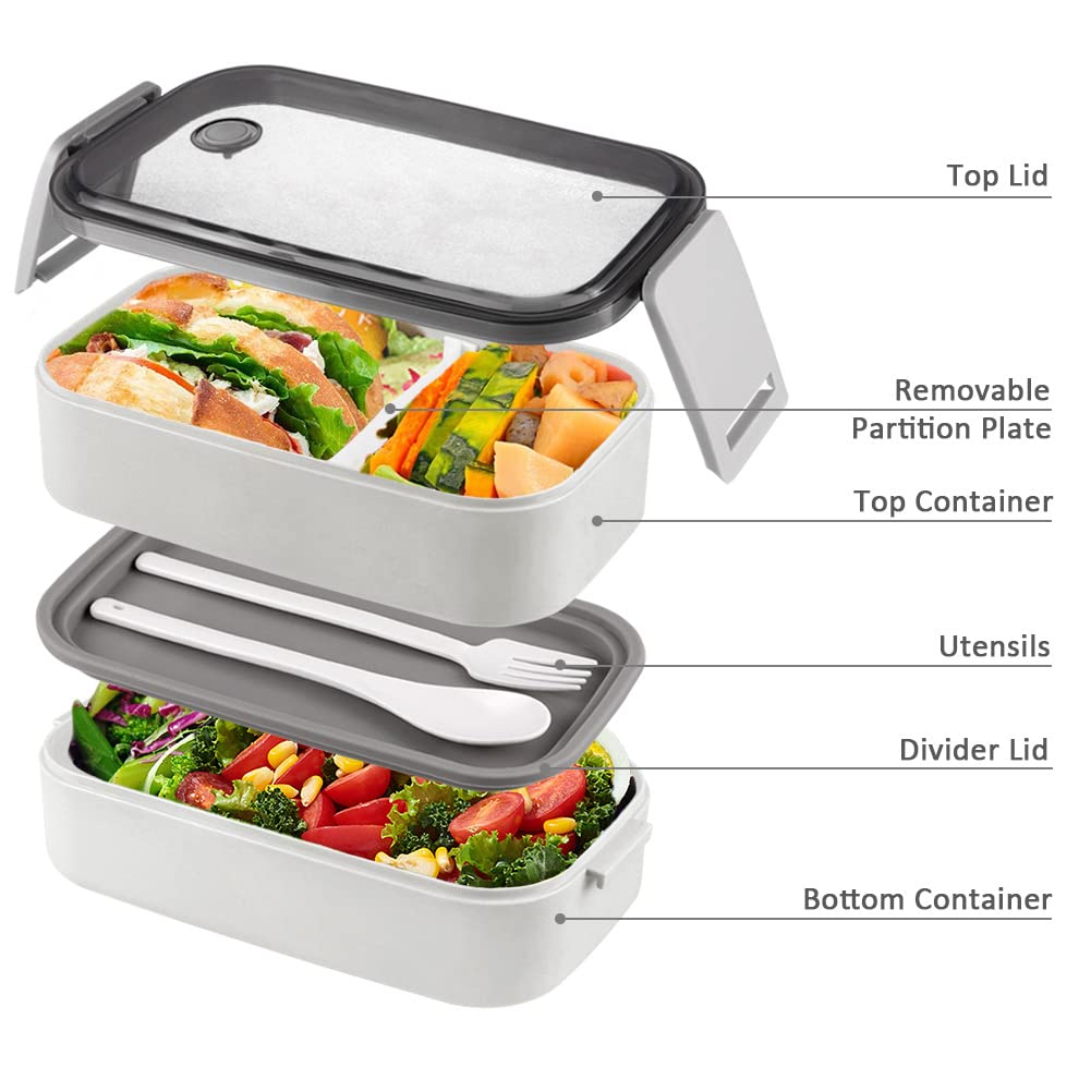 Bento Box pudełko na lunch, 2-warstwowe, szczelne, pojemniki na lunch bez BPA, z torbą na przekąski, pudełka Bento dla dorosłych / dzieci, z przyborami (białe)