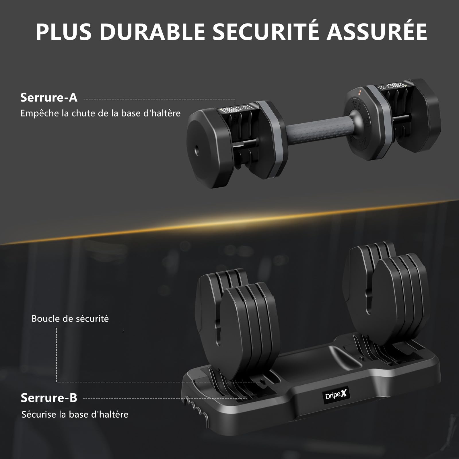 Dripex Haltères Réglables 2 à 41 kg, 5/10 en 1 Ensemble d'Haltères avec Base de Rangement, pour la Musculation, l'haltérophilie, l'entraînement à Domicile et à Salle de Sport
