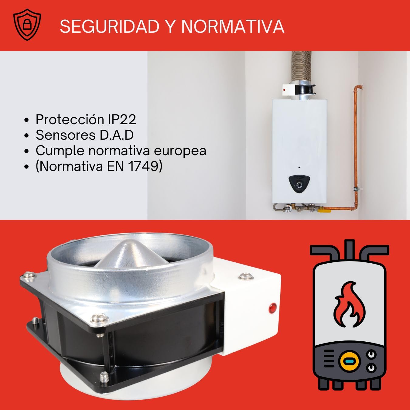 GOLDMAN SERVICE | Kit Evacuación de Humos para Calderas y Calentadores a Gas ACS | Ventilador Tiro Forzado con Deflector y Sensor de Seguridad | 19W 220V