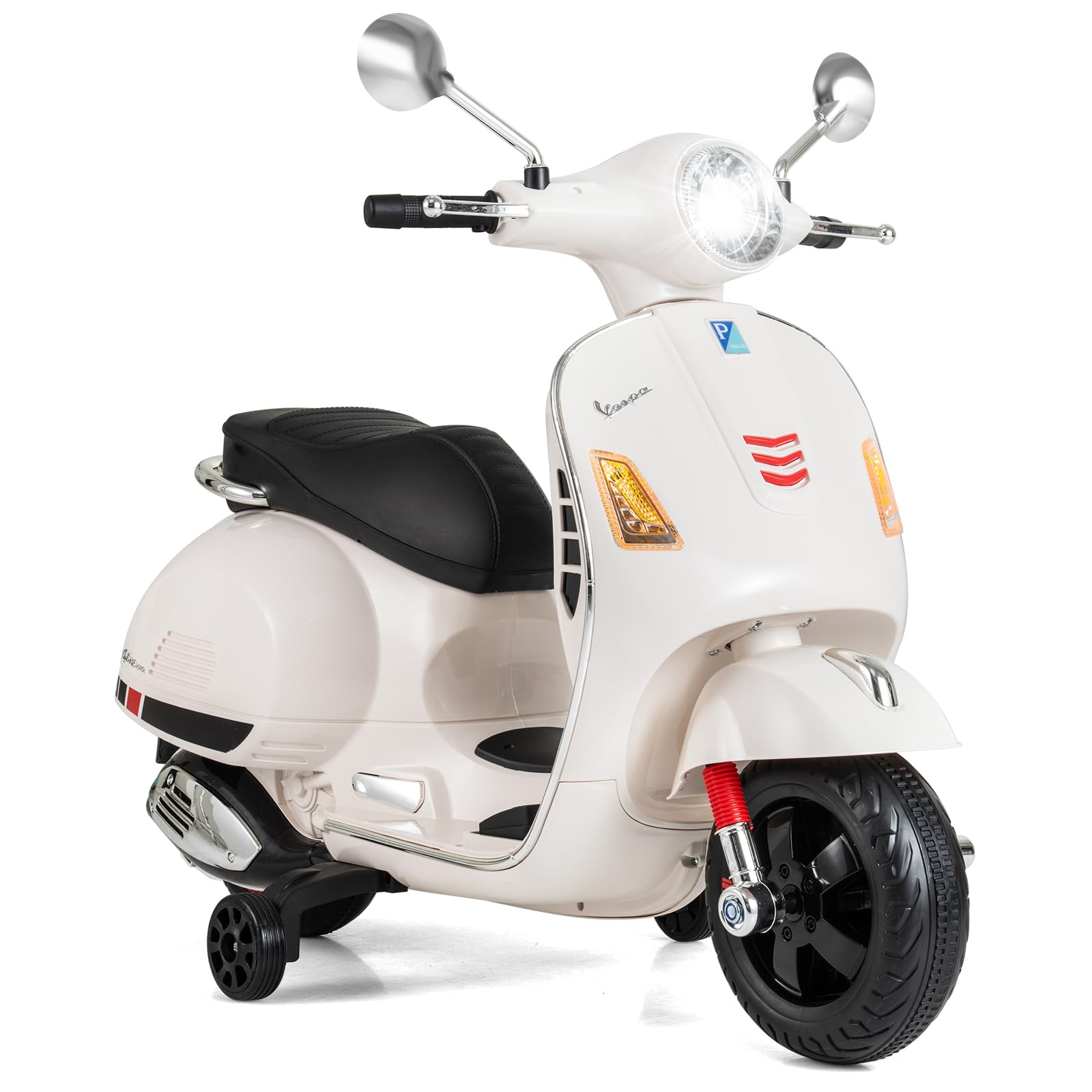RELAX4LIFE Moto Elettrica per Bambini, Vespa Licenziato con Luci LED, Ruote di Addestramento, Musica, Clacson e Pulsante di Avvio Unico, Batteria da 12V, per Bambini 3-6 Anni (BIANCO)