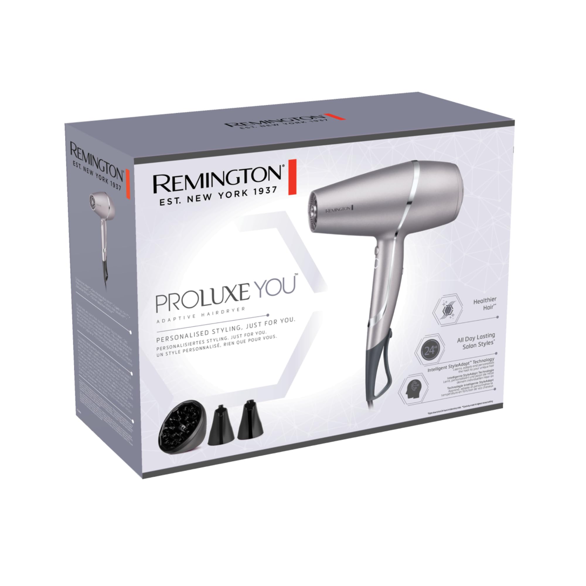 Remington Hair Dryer [3 Attachments: Diffuser & 2 Concentrators, Intelligent StyleAdapt™ Adjusts Heat to Hair] PROluxe You (Ionic & Diamond-Ceramic Coating, Fast Dry, Smooth Finish, 2400W) AC9800