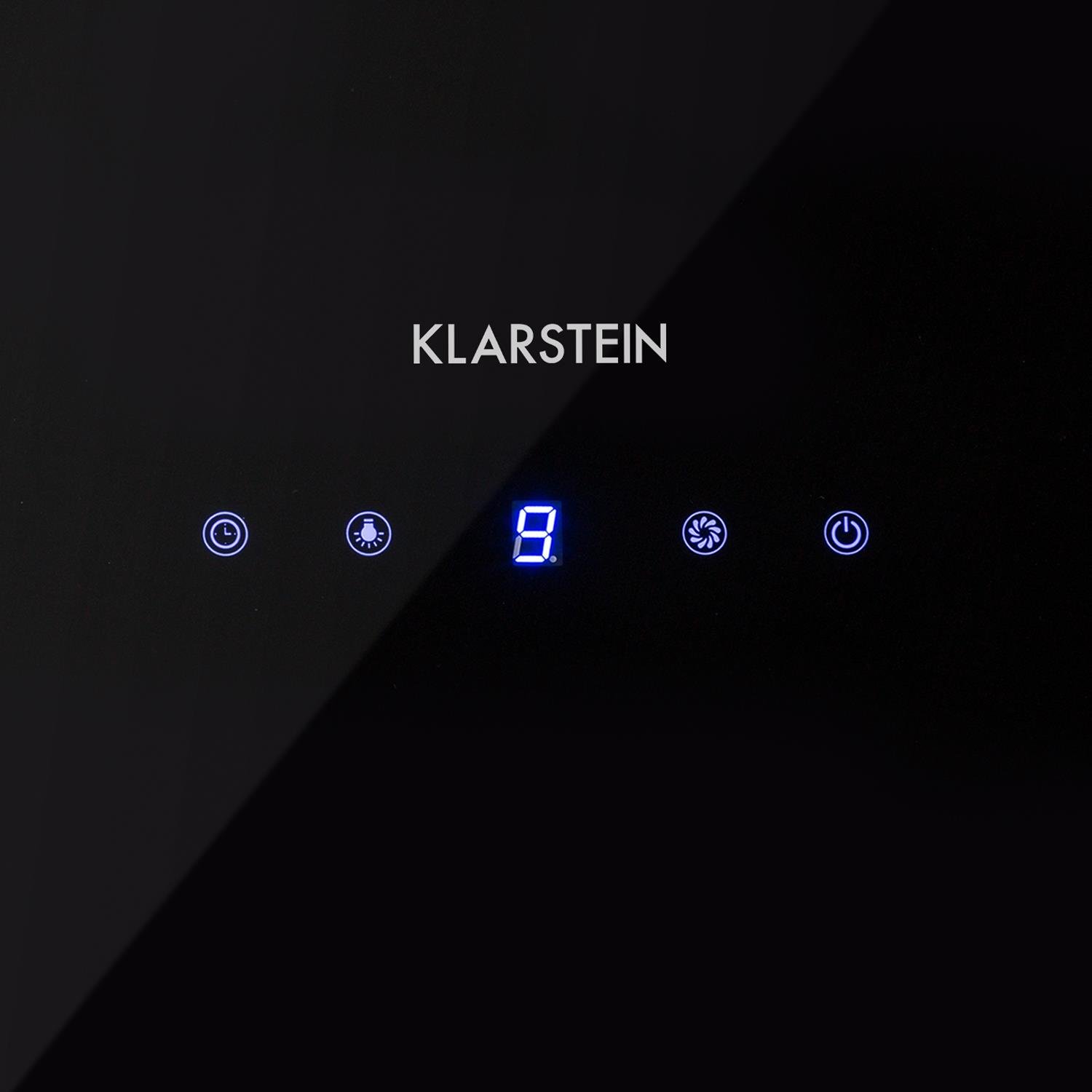 Klarstein Annabelle 60 - Campana extractora de humos, Extractor de pared, Absorción y ventilación, 3 niveles, Absorción de 595 m³/h, Acero inoxidable, Autoapagado, 2 filtros de carbono, Negro