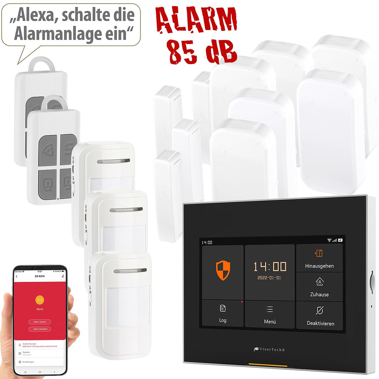 VisorTech Funkalarmanlage: 14-TLG. Funk-Alarmanlage: 9 Sensoren, 2 Fernbedienungen, GSM WLAN App (Alarmanlage Wohnung, Funk Set, 12V)