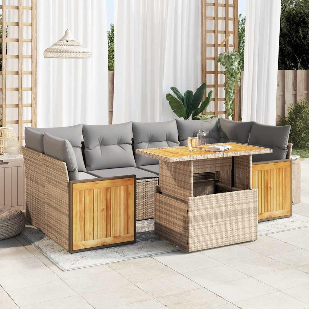 Salon de Jardin modulable 7 pièces Beige en résine tressée rotin avec Coussins Gris, Rangement intégré, Table Basse Bois Acacia pour terrasse, Balcon, Piscine et réception en extérieur