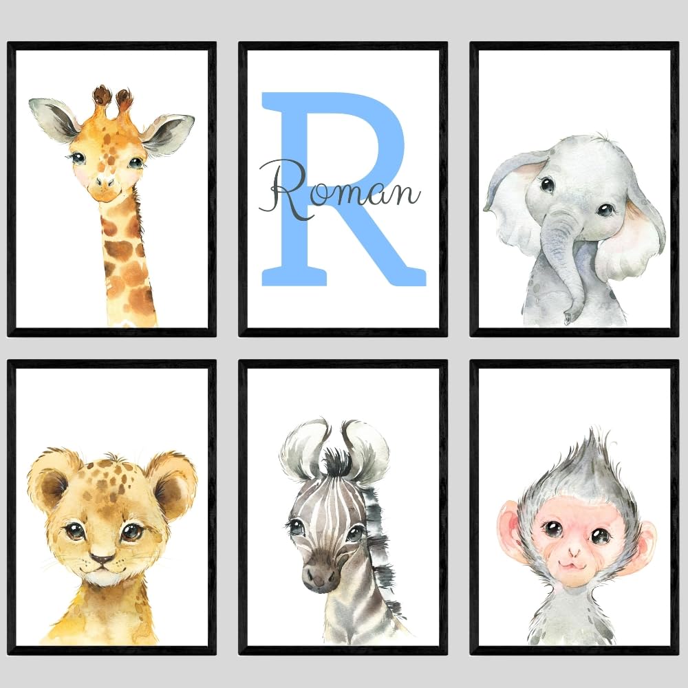 Eviepops Prints Safari Animals Boy Girl Set Of 6 Unframed Nursery Bedroom Poster Prints, Personalised Name Blue Green Yellow, Boys Girls Decor, Giraffe Elephant Lion (A3)