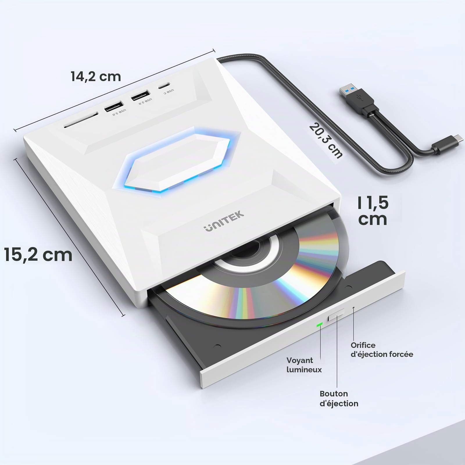 UNITEK Lecteur CD/DVD Externe USB C Lecteur DVD Portable avec emplacements pour Carte SD 3 Ports USB Graveur CD ROM Lecteur de Disque Externe Optique Compatible avec Ordinateur Portable de Bureau Mac