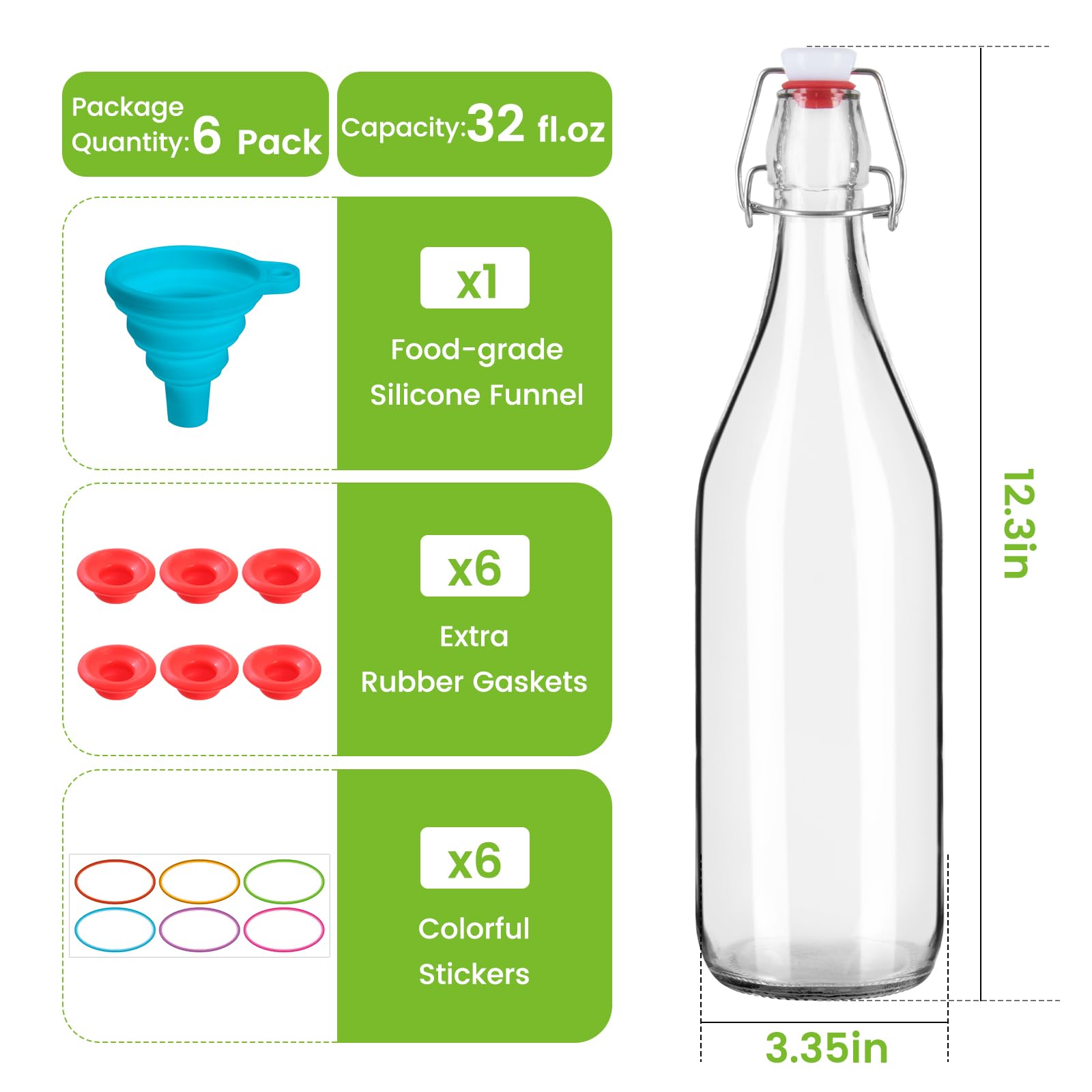 Paquete de 6 botellas de vidrio de 1 L con tapa hermética