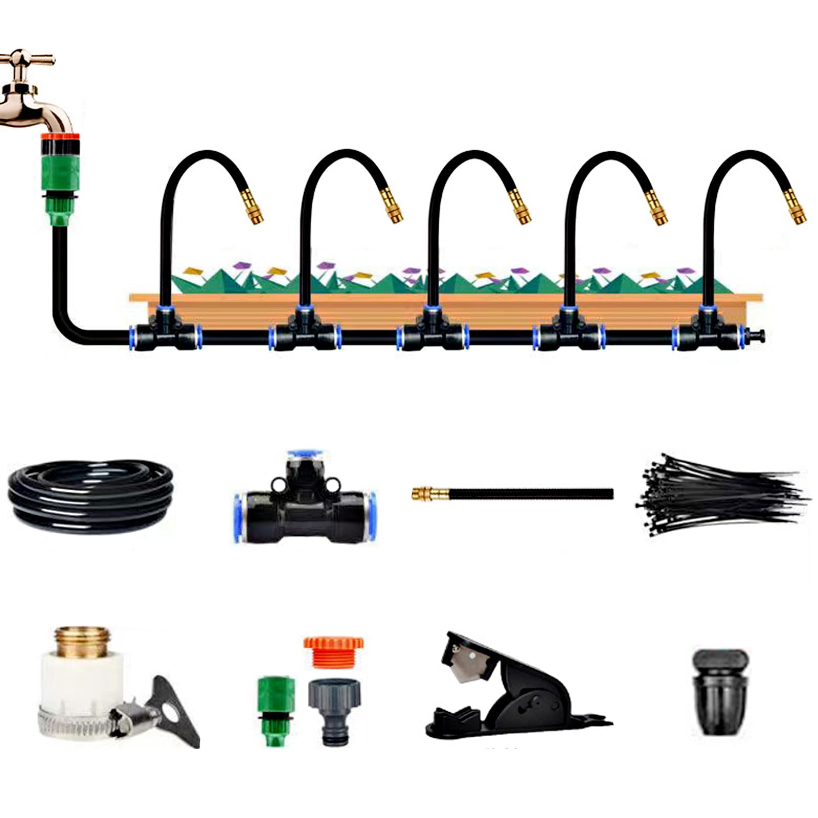 Kit di Irrigazione Automatica, Kit di Irrigazione da Giardino Curvo a 360° con Ugelli Nebulizzatori Regolabili per Prato, Serra, Patio e Giardino 15 nozzles + hose*15m