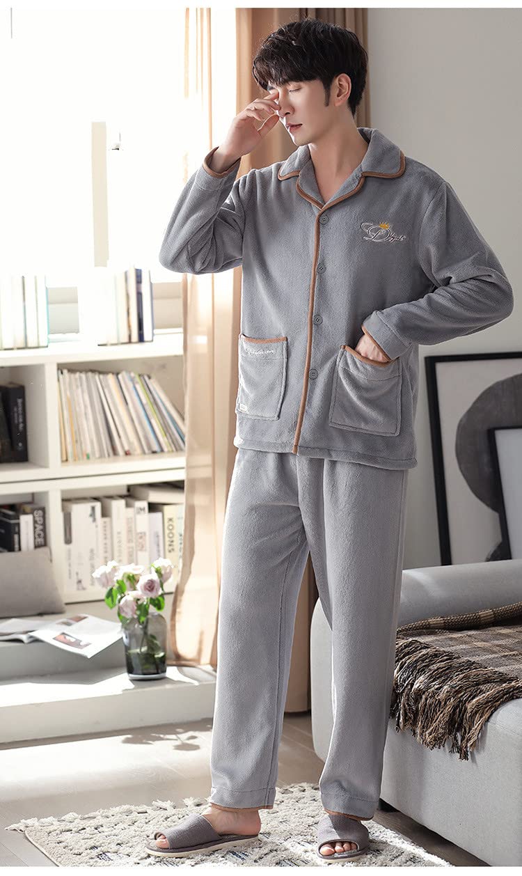 LUBOSE Pijama de forro polar coral para hombre Simple Fashion Solapa Botón Plus Fleece engrosado cálido manga larga Homewear Set (XXL, gris)