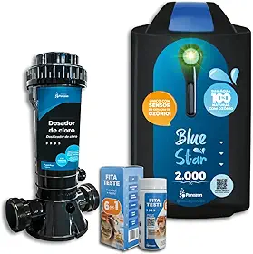 KIT Piscina Inteligente Até 50.000L: Gerador de Ozônio Blue Star 2000 + Dosador de Cloro D15 + Fita Teste 6 em 1