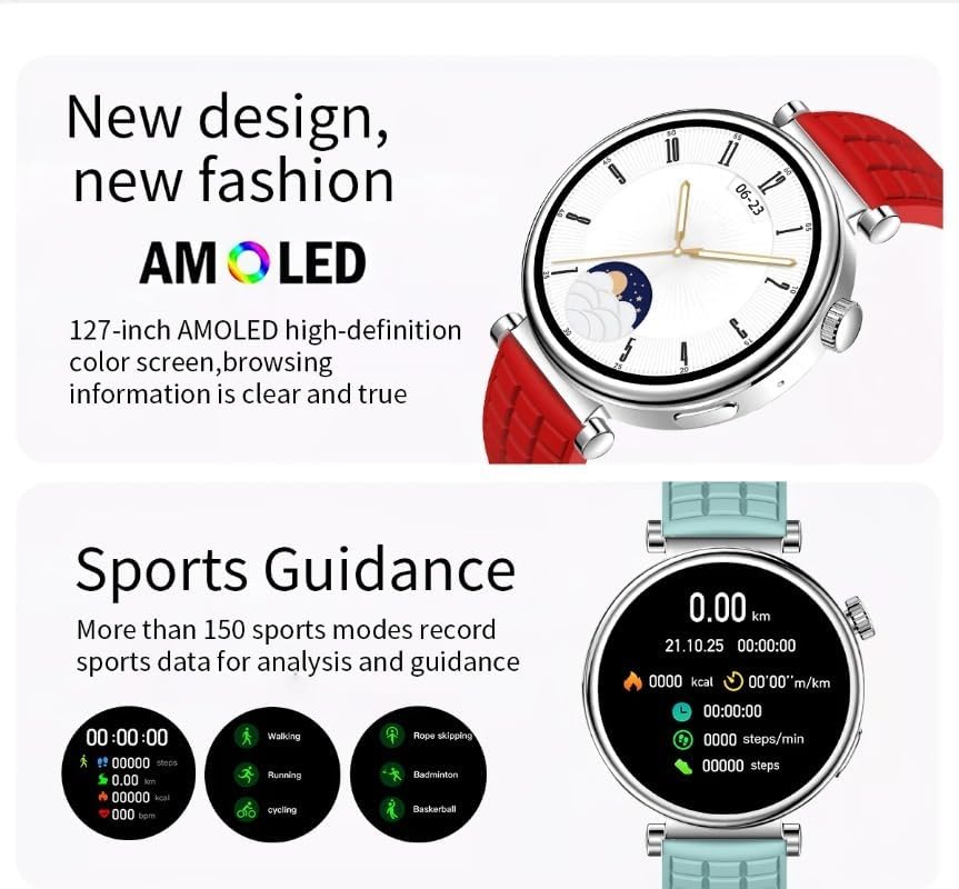 Top part shows a red Z01 Mini Smart Watch with text 'New design, new fashion AMOLED' and '1.27-inch AMOLED high-definition color screen, browsing information is clear and true'. Bottom part shows a green Z01 Mini Smart Watch with text 'Sports Guidance' and icons for walking, rope skipping, badminton, cycling, and basketball.