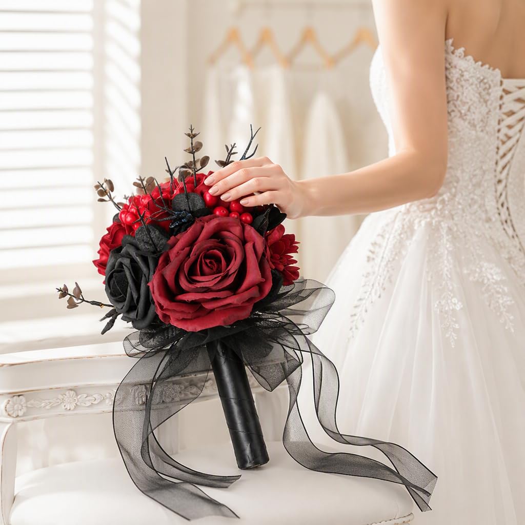 Ramos de Novia góticos, Ramo de Flores Artificiales Negras para Halloween, Ramos de Boda con Flores Artificiales para Novias, Damas de Honor, Aniversario de Halloween. (18 * 18 * 28cm)