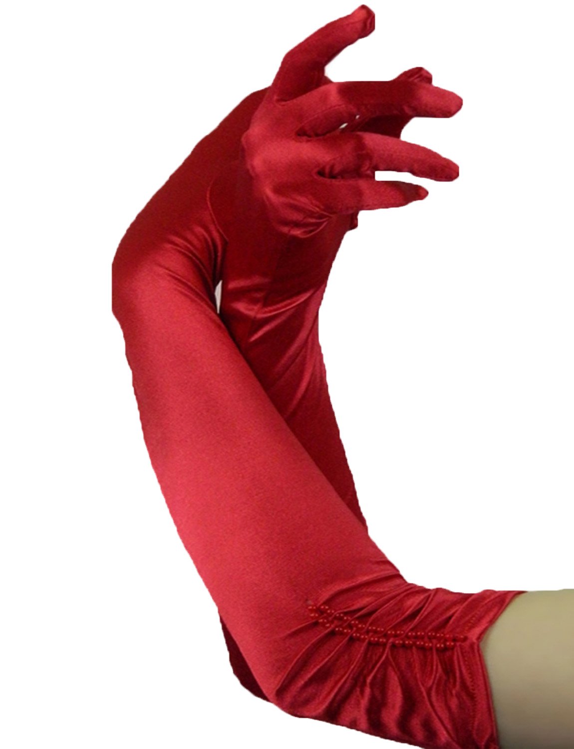 Yummy Bee Women's Red Opera Evening Gloves Deluxe Soft Satin Long Black Ivory Gathe Pearl Detail (Red)