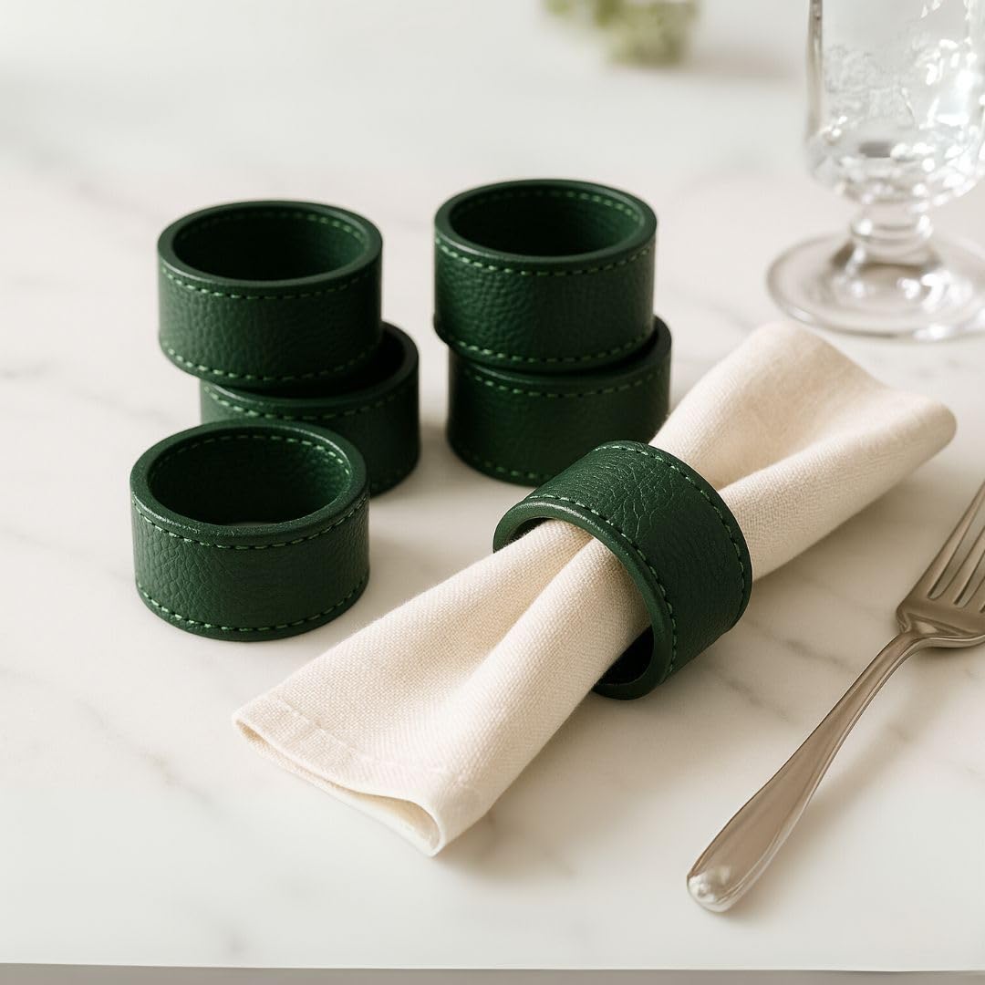 CASA BOTANICAL Hand Crafted Faux Leather Napkin Rings - Set of 6 for Table Decor, Weddings, Dinner Parties, Decorations (Green)