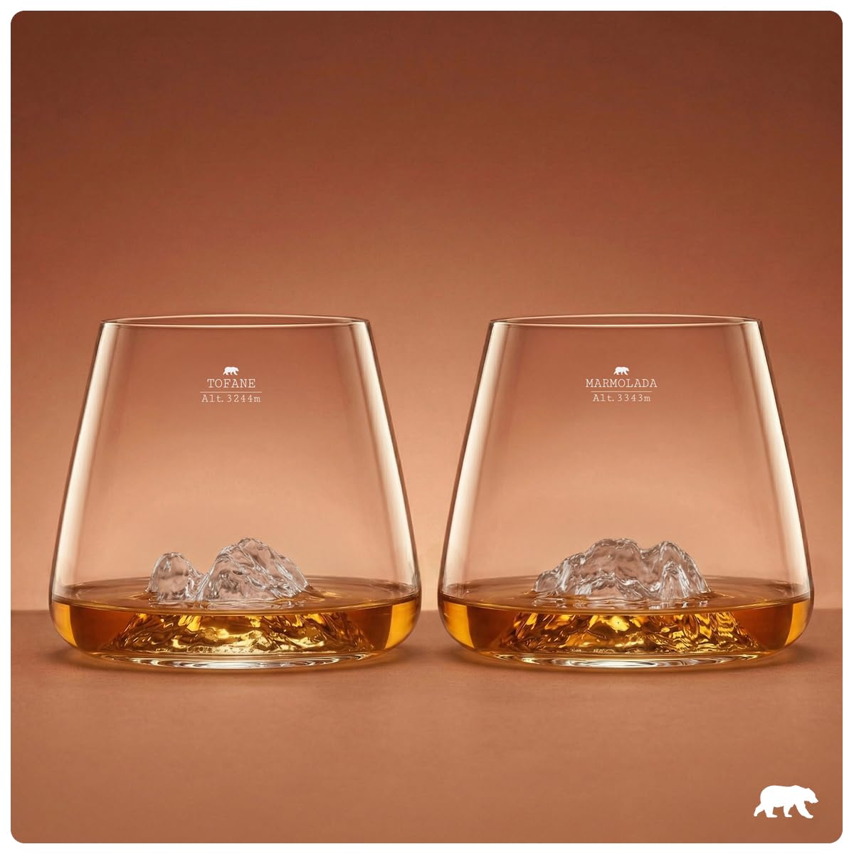 Alaskan MAKER - Vasos de whisky de 350 ml (juego de 2) - Borosilicato de alta calidad, soplado artesanalmente con montañas en relieve | Forma Tulipán | Espíritus TOPOGRAPHIC (Tofane & Marmolada)