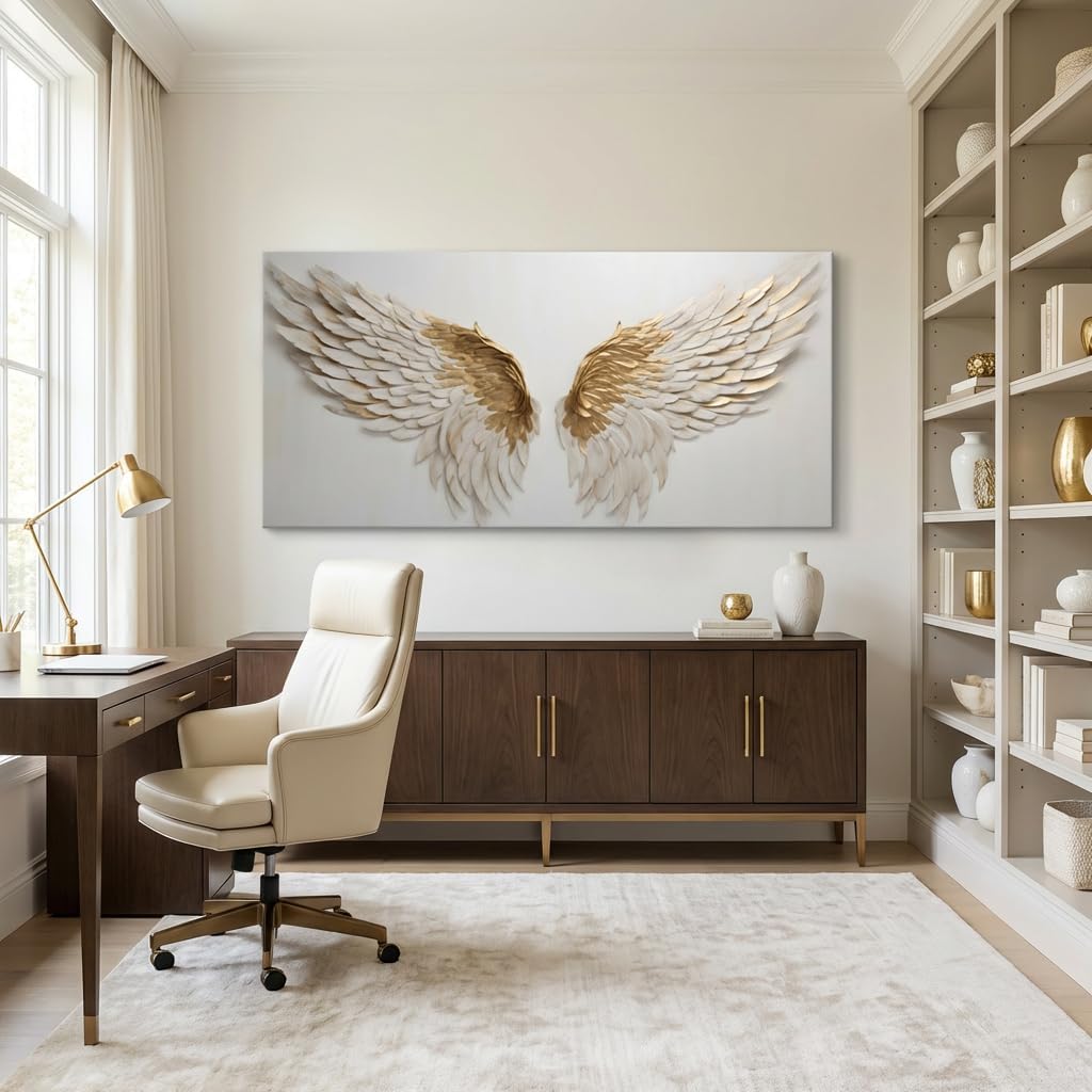 ZESTRILIA White Golden Angel Wings Wall Art Canvas Painting Prints Gilded Elegance Artwork Office Bedroom Living Room Decor (40x20 Inches)
