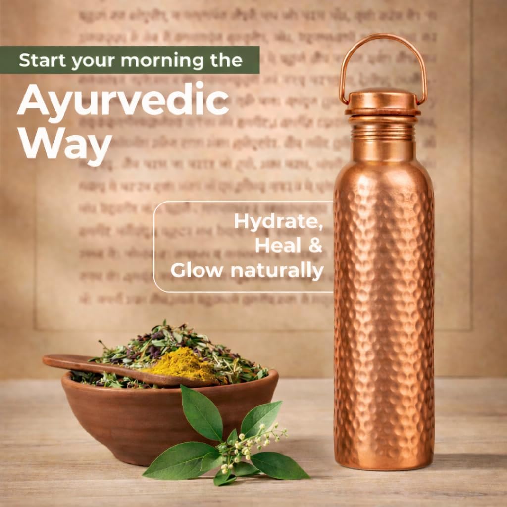 Premium Pure Copper Water Bottle – 32oz Hammered Finish – Leak-Proof Ayurvedic Copper Vessel for Daily Hydration – Handcrafted & Eco-Friendly