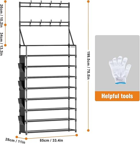 Miniatura 3 de OYREL Zapatero de 8 niveles grande organizador de zapatos de almacenamiento 32-40 pares de almacenamiento de zapatos de metal con ganchos y bolsillo