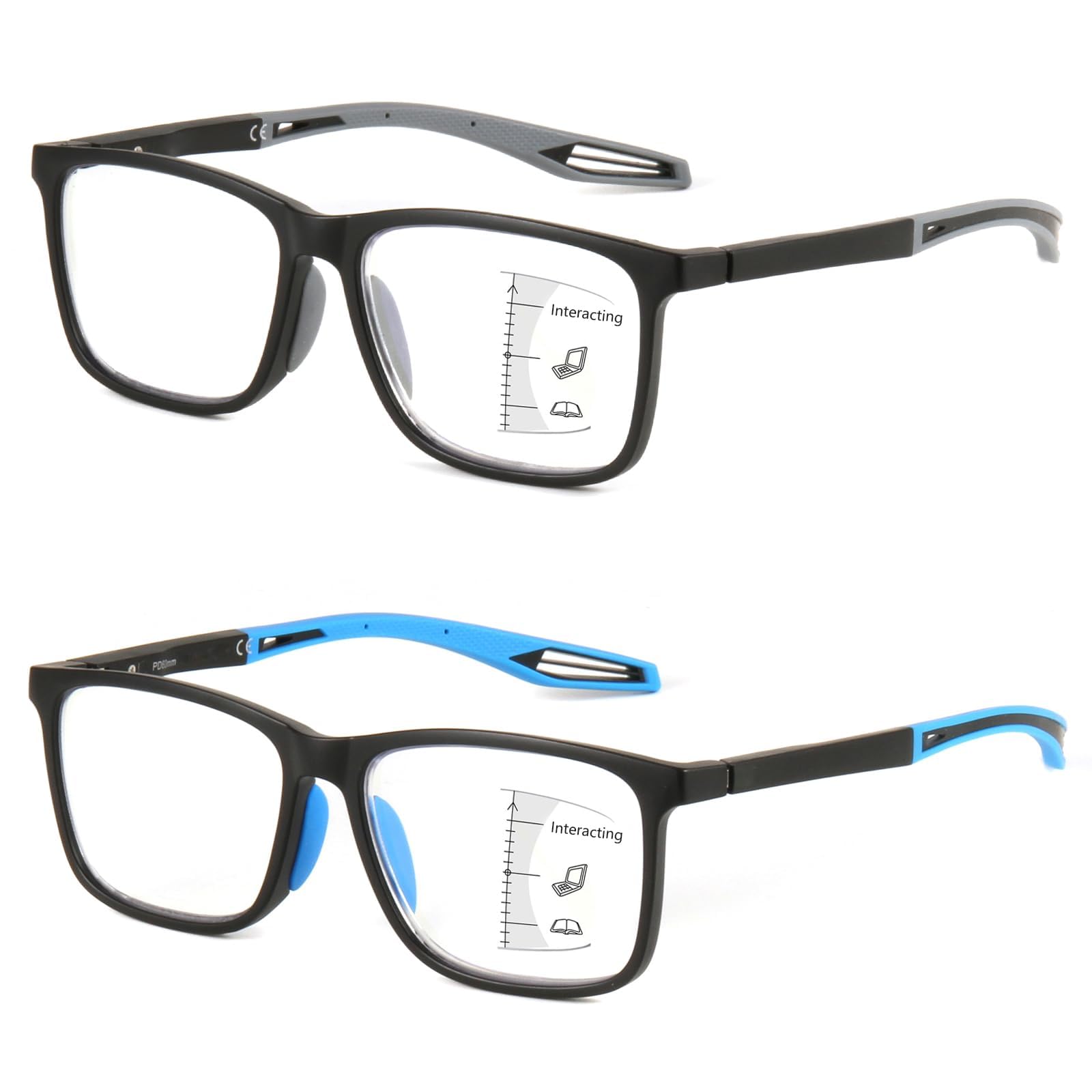 2 Pack Sports Style Anti UV/Eye Strain Multifocus Progressive Readers