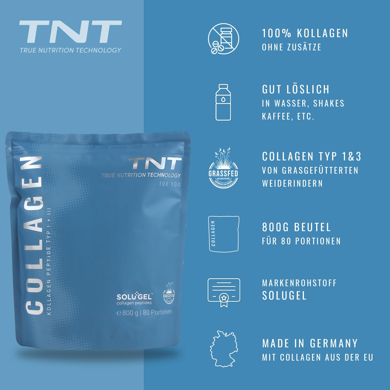 TNT Collagen Pulver - 800g - Peptide Typ 1 und 3 - Markenrohstoff Solugel