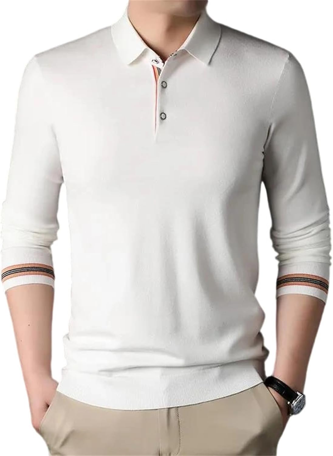 Men's Classic Pullover Polo Sweaters Long Sleeve Turndown Collar with Striped Sleeve Design Old Money Style Comfort Fit