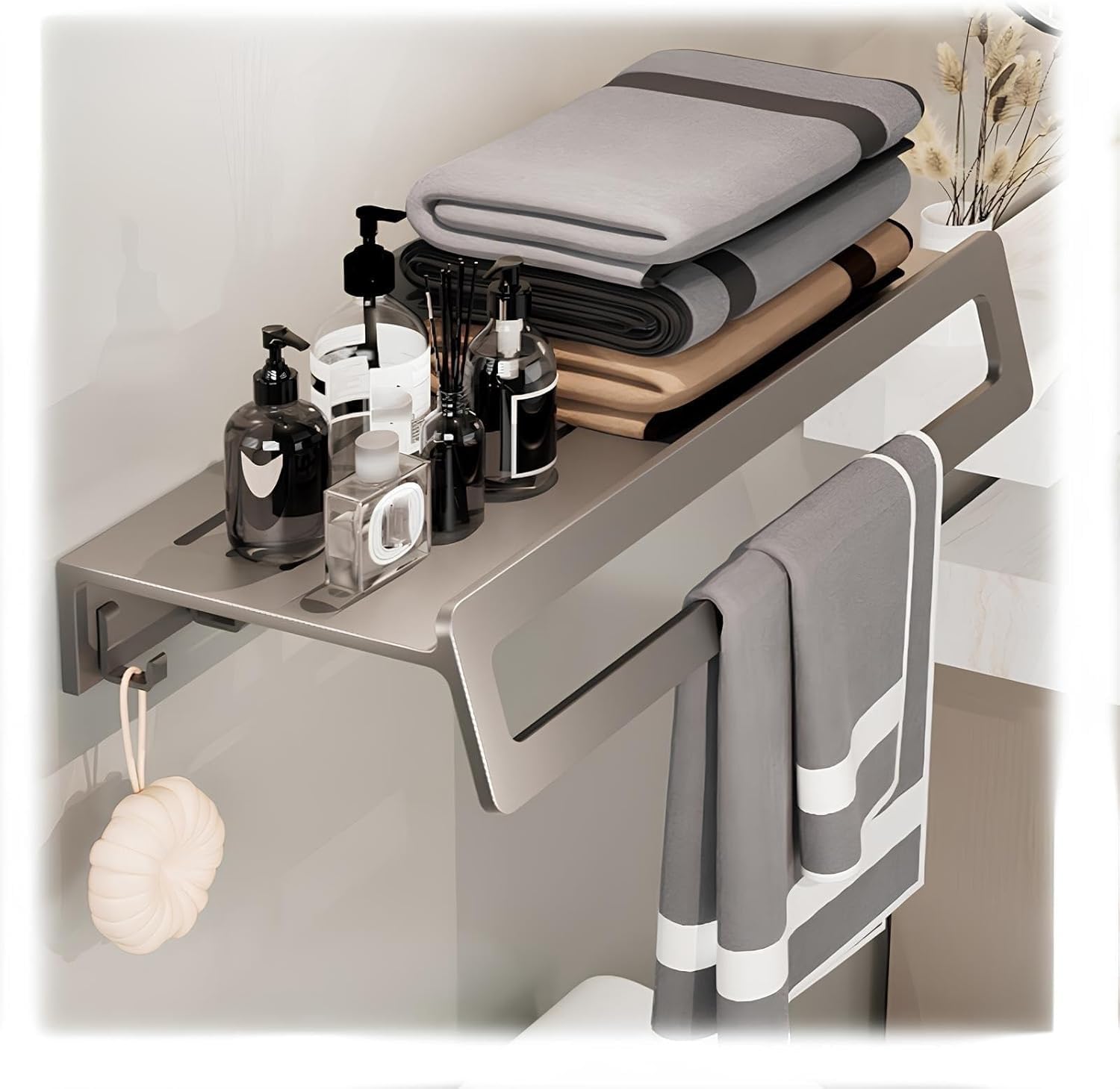DLLDQBD Wall Mounted Bathroom Shelf With Towel Rail, Matte Finish Rust Resistant Metal Storage Rack, No Drilling No Screws, Easy Installation(Size:40cm/15.8in)
