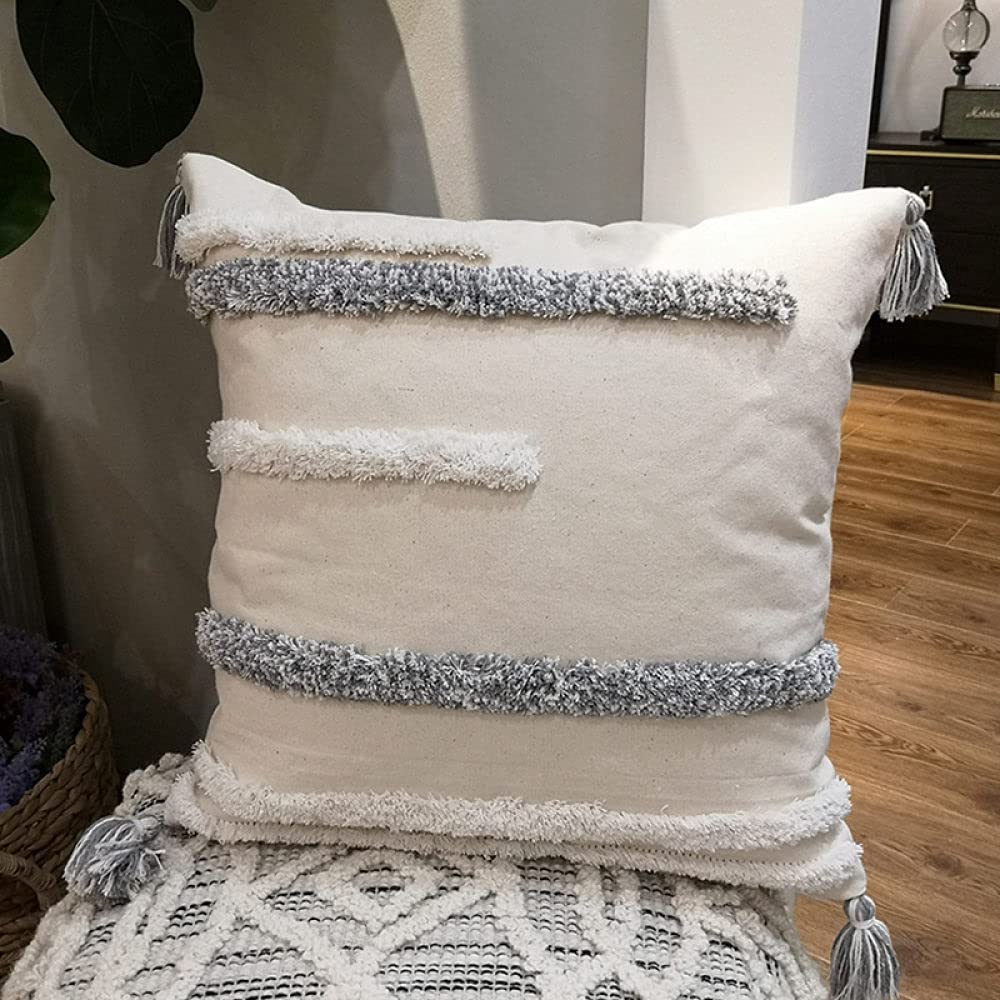 Boho Kissenbezug, Vintage Beige Streifen Tufted Jacquard Quasten Baumwolle Dekorative Kissenbezüge Marokkanisch Nordisch 45X45Cm Dekokissen Bezüge Für Sofa Schlafzimmer Wohnzimmer,45X45Cm,6-Teili